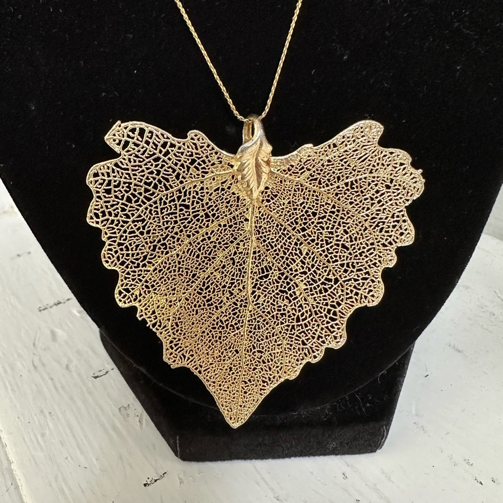 Gold Dipped Poplar Leaf Necklace & Earrings Set - Picture 2 of 3